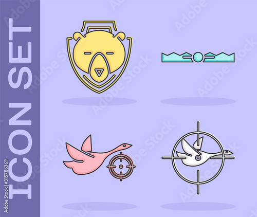 Set Hunt on duck with crosshairs, Bear head on shield, Hunt on duck with crosshairs and Trap hunting icon. Vector