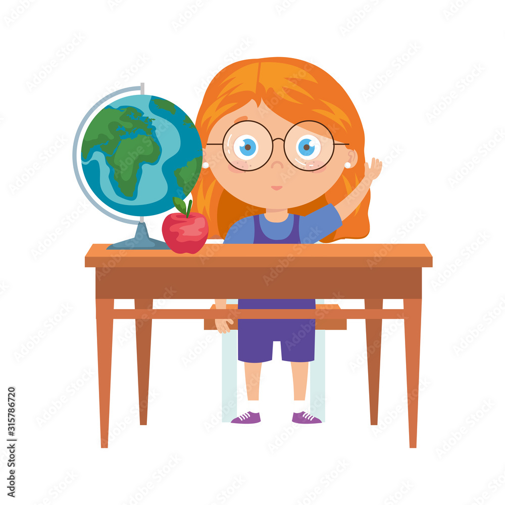 student girl sitting in school desk on white background student girl sitting in school desk on white background