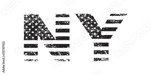 New York City symbol with USA flag, NY grunge letters, black isolated on white background, vector illustration.