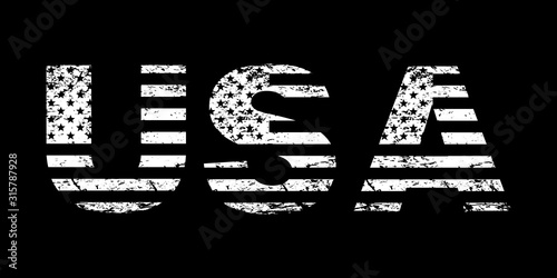 USA flag grunge text, American flag in letters, white isolated on black background, vector illustration.