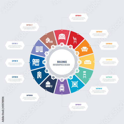 round 12 options buildings infographic template design. detached, aparment, terraced houses, dutch house, stilt home, flash apartment vector icons