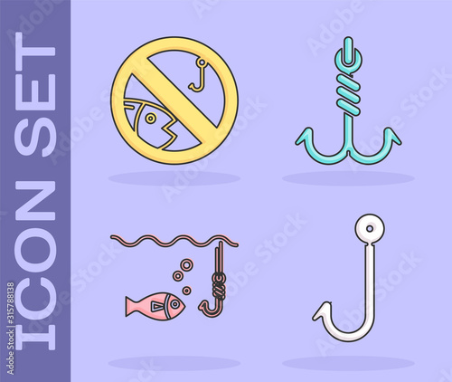 Set Fishing hook, No fishing, Fishing hook under water with fish and Fishing hook icon. Vector
