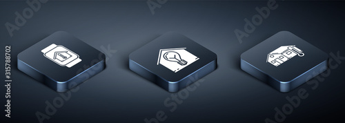 Set Isometric Smart watch with house temperature, House temperature and Smart house and light bulb icon. Vector