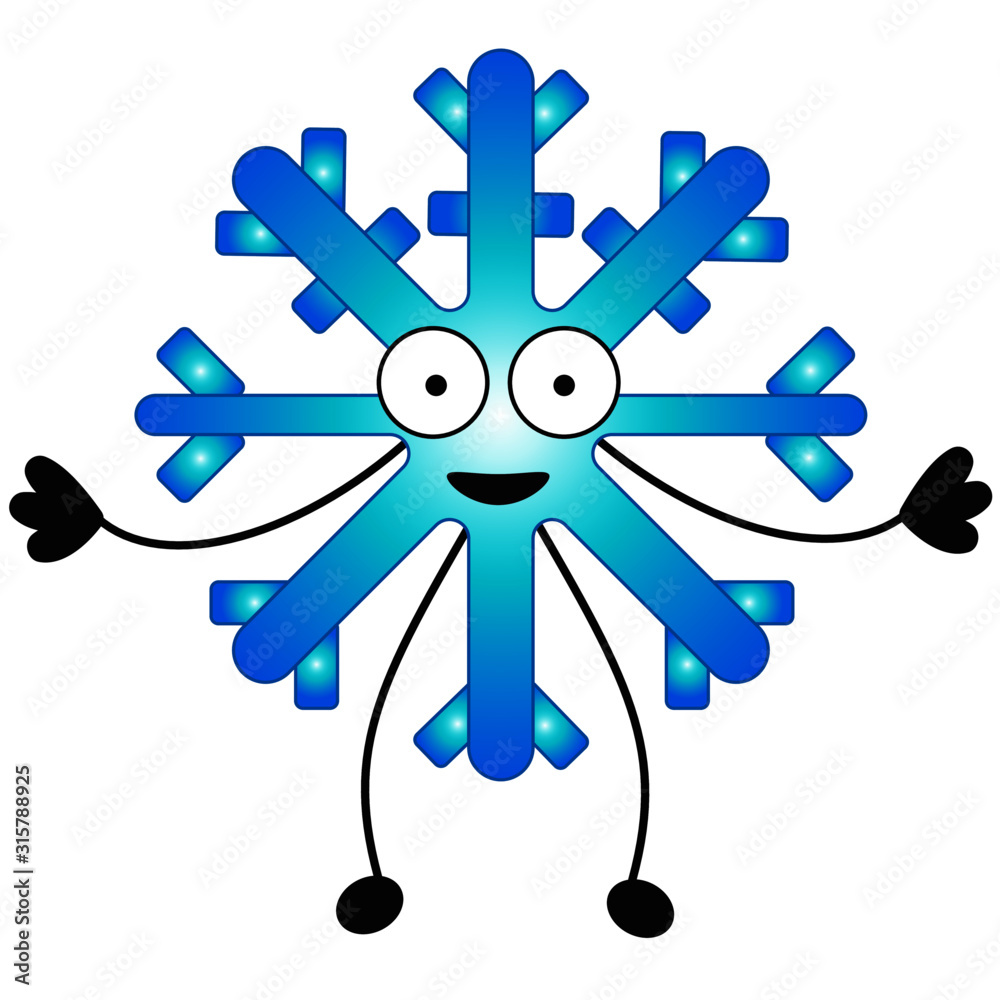 Funny volumetric snowflake with a gradient. Snowflake for illustration in a children's book or character for a seasonal site. Applicable in design and print. Vector character on a white isolated. Funny volumetric snowflake with a gradient. Snowflake for illustration in a children's book or character for a seasonal site. Applicable in design and print. Vector character on a white isolated.