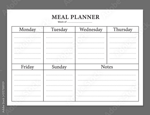 Simple meal menu planner with row and column grid vector design template