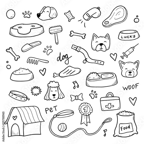 Hand drawn set of dog and pet accessories elements: bone, food, leash. For the design of dog themes: training, caring, grooming a dog. Doodle sketch style vector illustration.