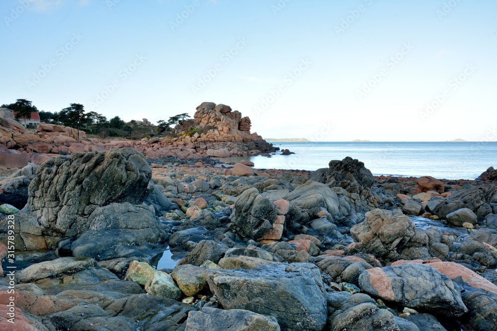 Beautiful view on the pink granite coast in Brittany. France