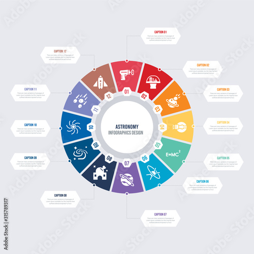 round 12 options astronomy infographic template design. liftoff, meteor shower, milky way, nebula, planetarium, planets vector icons