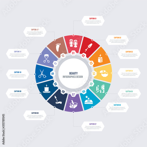 round 12 options beauty infographic template design. one foot, eyelashes curler, open hair scissors, candle light, nail polish removal, mortar bowl vector icons