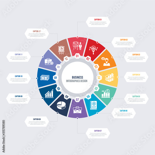 round 12 options business infographic template design. statistics presentation, briefcase settings, money, ascendant graph, quarter pie chart, bussines briefcase vector icons