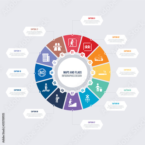 round 12 options maps and flags infographic template design. flyover bridge, dormitory, 80 speed limit, crossing road caution, school zone, walking up stair vector icons