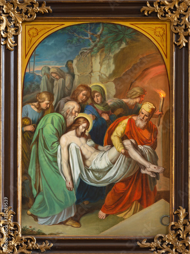 VIENNA, AUSTRIA - DECEMBER 19, 2016: The painting Burial of Jesus in church kirche St. Laurenz (Schottenfelder Kirche) by unknown artist of 19. cent.