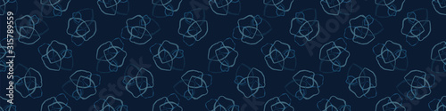 Classic blue tossed polka dot vector border texture seamless pattern. Variegated soft blended geo dyed background. Denim indigo masculine abstract. Japanese style dark geometric circle bubble trim.