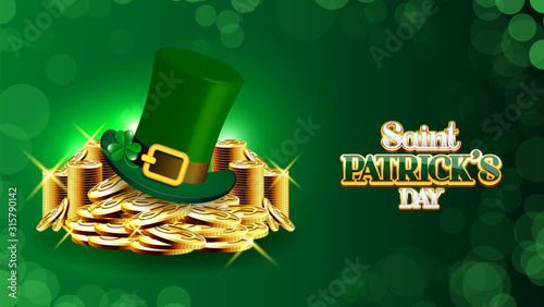 Happy St Patrick's Day concept with stack of gold