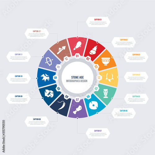 round 12 options stone age infographic template design. spear, bow and arrow, pterodactyl, dried insect in amber, needle, chicken leg vector icons