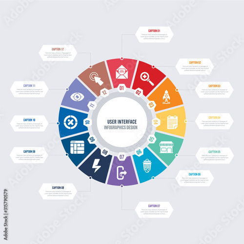 round 12 options user interface infographic template design. cursor, visible, cancel, layout, lightning, vector icons