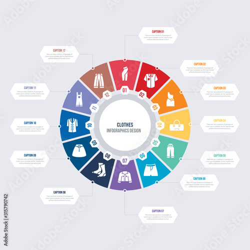 round 12 options clothes infographic template design. oxford wave suit pants, jumpsuit, trench coat, circle skirt, men socks, denim jacket vector icons