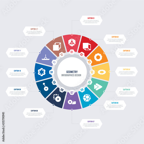 round 12 options geometry infographic template design. 3d cube, angle, asterisk, diameter, dimensions, disk vector icons