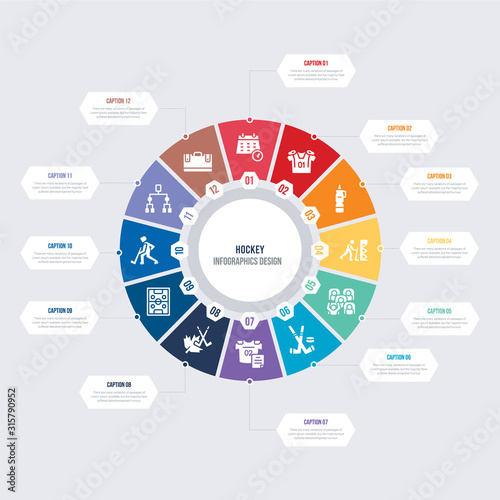 round 12 options hockey infographic template design. medical kit, playoff, ice hockey, hockey pitch, maple leaf, commerce vector icons