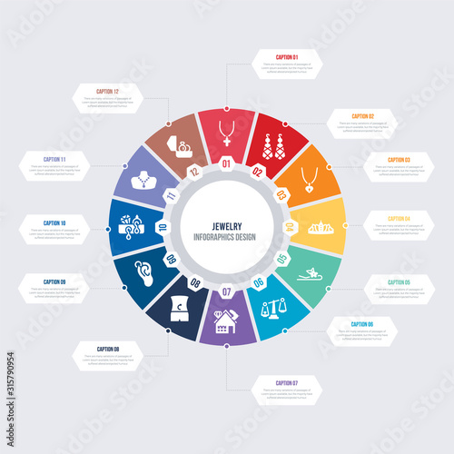 round 12 options jewelry infographic template design. engagement, pearl necklace, jewelry, piercing, belly piercing, pawn shop vector icons