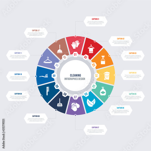 round 12 options cleaning infographic template design. plunger cleaning, hanger cleaning, toothpaste comb wiping swipe for floors, washing hand vector icons