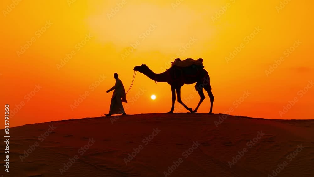 Cameleers, camel Drivers at sunset. Thar desert on sunset Jaisalmer, Rajasthan, India.
