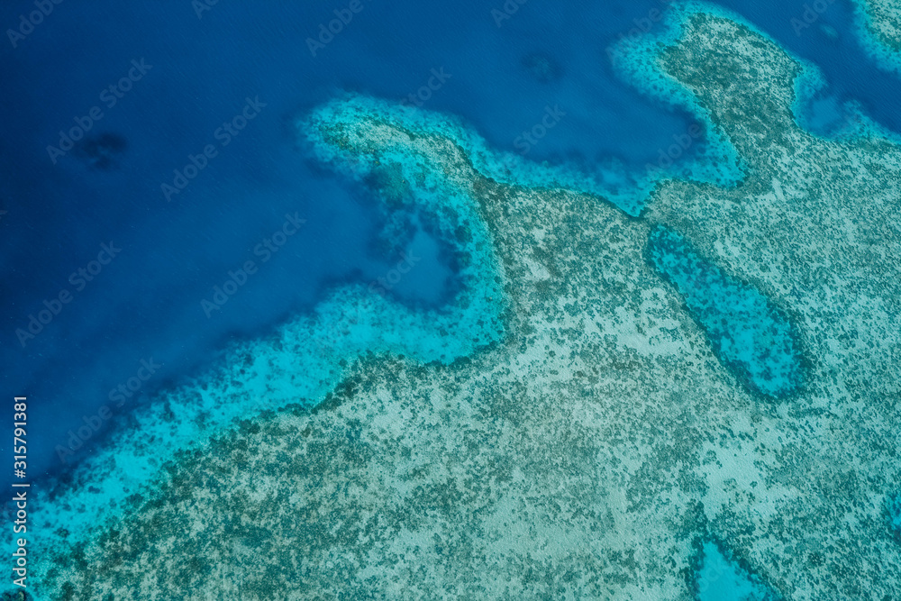 Birds eye view shot of deep blue water and coral reef