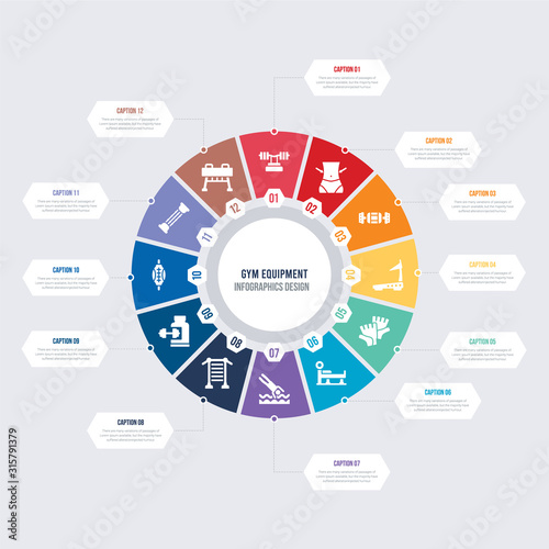 round 12 options gym equipment infographic template design. vaulting horse, strandpulling, stretching punching ball, supplement, swedish wall, swim vector icons