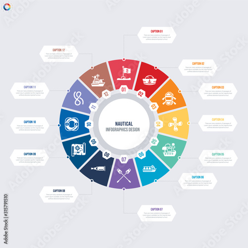 round 12 options nautical infographic template design. frigate, knot, life preserver, nautical map, nautical monocular, oars vector icons