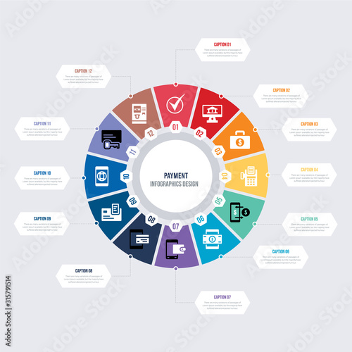 round 12 options payment infographic template design. atm, card key, mobile web, debit payment, mobile card, mobile payment vector icons