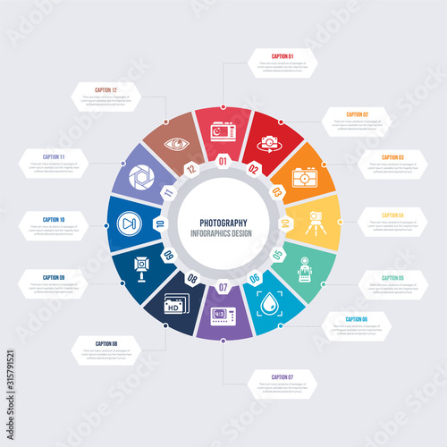 round 12 options photography infographic template design. eye, exposure, play video, spotlight, resolution, aspect vector icons