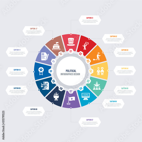 round 12 options political infographic template design. ngo, peace treaty, political american elections publicity badge, political balance, candidate speech, flag vector icons