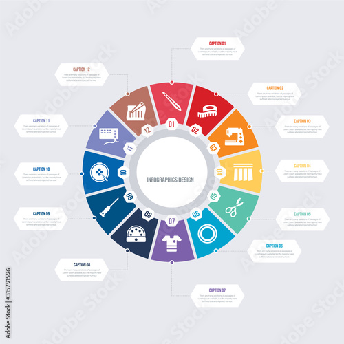 round 12 options sew infographic template design. suture, running stitch, needlepoint, awl, buttonhole, garment vector icons