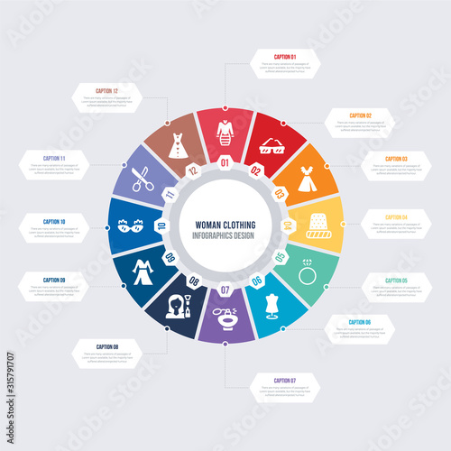 round 12 options woman clothing infographic template design. sexy feminine dress in black, scissors inverted view, childish eyeglasses, long sleeve flowy dress, makeup, circular perfume bottle