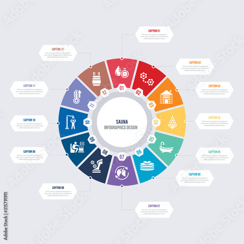 round 12 options sauna infographic template design. cold plunge, core temperature, dousing shower, earth sauna, foot bath, fresh air supply vector icons