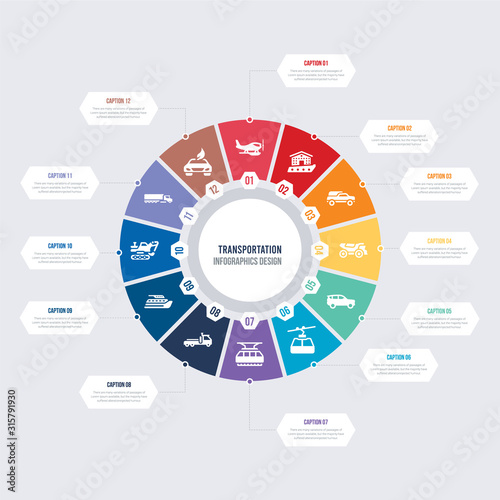 round 12 options transportation infographic template design. eco-friendly transport, eighteen-wheeler, excavators, ferry boat, flatbed lorry, funicular railway vector icons