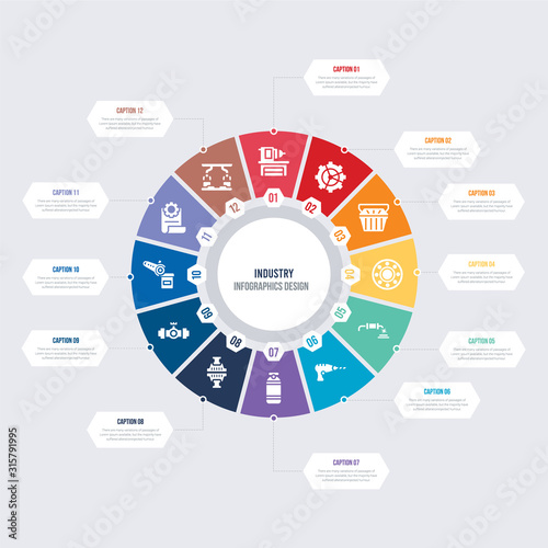 round 12 options industry infographic template design. product, task, welding, valve, press, oxygen vector icons
