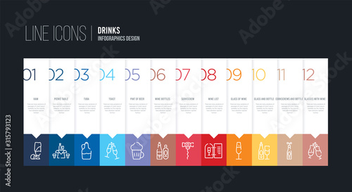 infographic design with 12 options. stroke line icons such as wine bottles, pint of beer, toast, tuba, picnic table, ham can be use for web and mobile