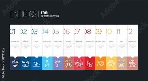 infographic design with 12 options. stroke line icons such as no eating, alcoholic drinks, sparkling wine, fallen, apple leaf, raspberry leaf can be use for web and mobile