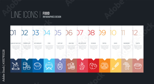 infographic design with 12 options. stroke line icons such as junk food, sippy cup, stew, hot chocolate, thermo flask, warm cup and plate can be use for web and mobile