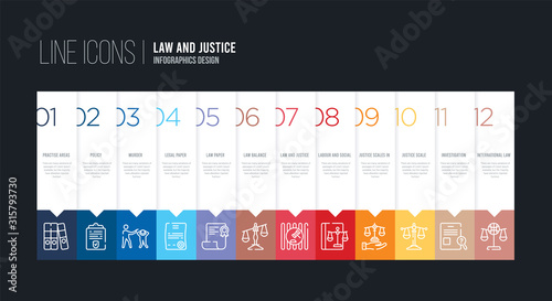 infographic design with 12 options. stroke line icons such as law balance, law paper, legal paper, murder, policy, practise areas can be use for web and mobile