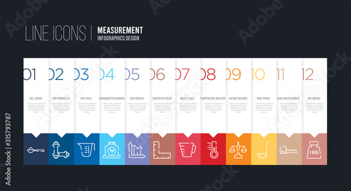 infographic design with 12 options. stroke line icons such as carpenter ruler, line graphic, chronometer running, cup scale, two dumbbells, full spoon can be use for web and mobile