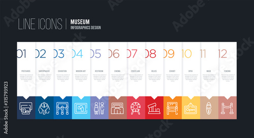 infographic design with 12 options. stroke line icons such as cinema, restroom, modern art, exhibition, sarcophagus, postcards can be use for web and mobile