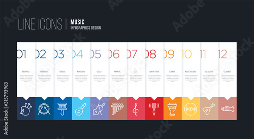 infographic design with 12 options. stroke line icons such as panpipe, cello, mandolin, cabasa, drumstick, bagpipes can be use for web and mobile