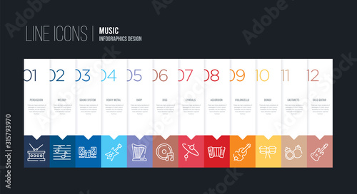 infographic design with 12 options. stroke line icons such as disc, harp, heavy metal, sound system, melody, percussion can be use for web and mobile