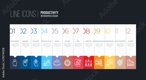 infographic design with 12 options. stroke line icons such as gun target, hard hat, man and dollar coin, mind charge, mind gears, mind tachometer can be use for web and mobile