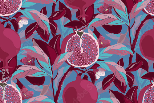 Art floral vector seamless pattern. Pomegranate tree with maroon fruits, blue and pink leaves. Ripe pomegranates with grains and flowers isolated on a blue background.