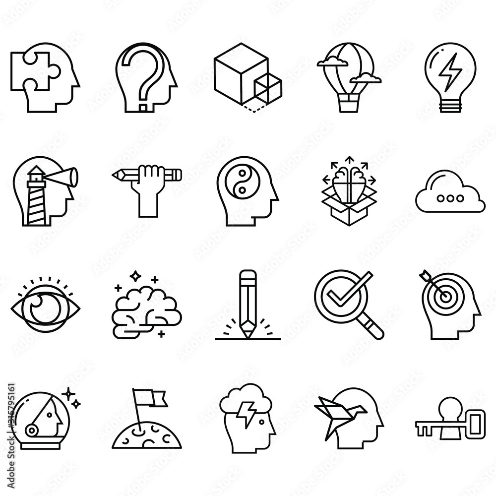 Simple Set of creativity Related Line Icons. Contains icons such as pens, eyes, brain, ideas and more - obrazy, fototapety, plakaty 