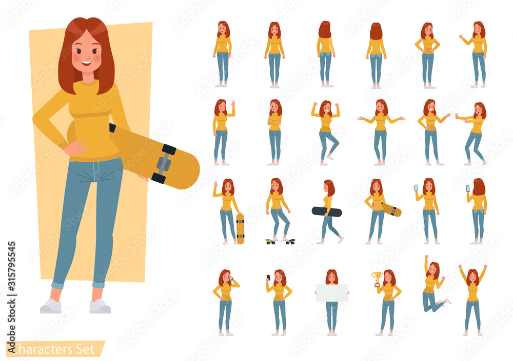 Set of woman wear yellow shirt character vector design. Presentation in various action with emotions, running, standing and walking. Set of woman wear yellow shirt character vector design. Presentation in various action with emotions, running, standing and walking.
