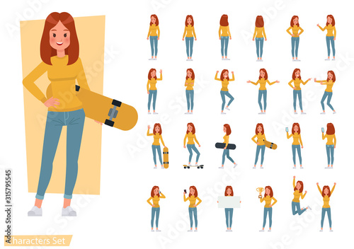 Set of woman wear yellow shirt character vector design. Presentation in various action with emotions, running, standing and walking.